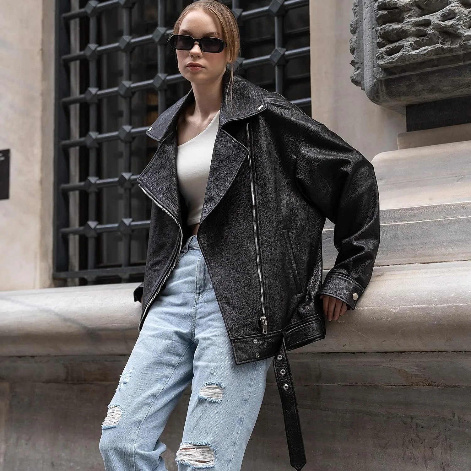 Oversized Leather Jacket Women - Real Lambskin Women's Leather Jacket Plus Size Long Leather Motorcycle Jacket