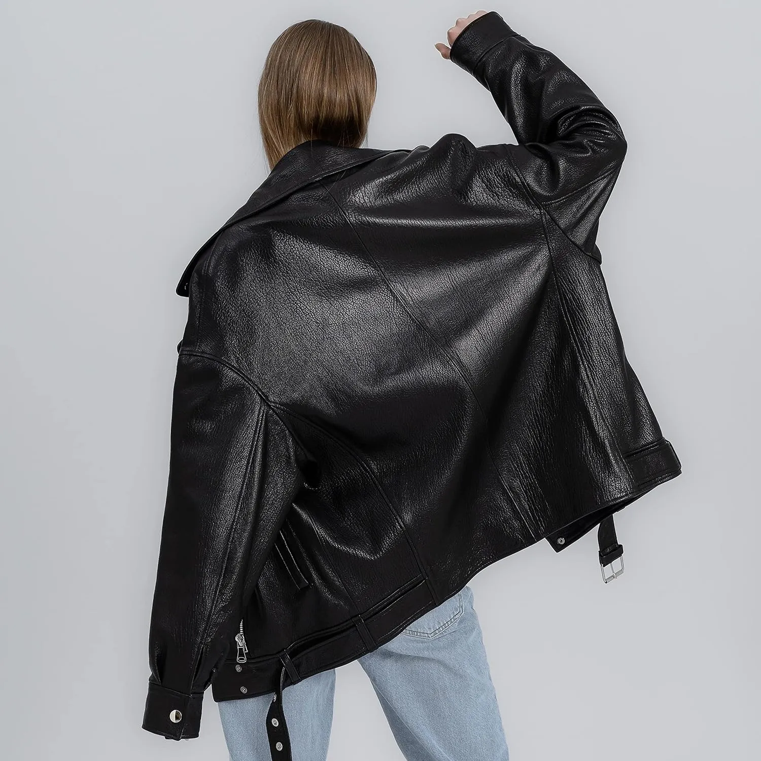 Oversized Leather Jacket Women - Real Lambskin Women's Leather Jacket Plus Size Long Leather Motorcycle Jacket