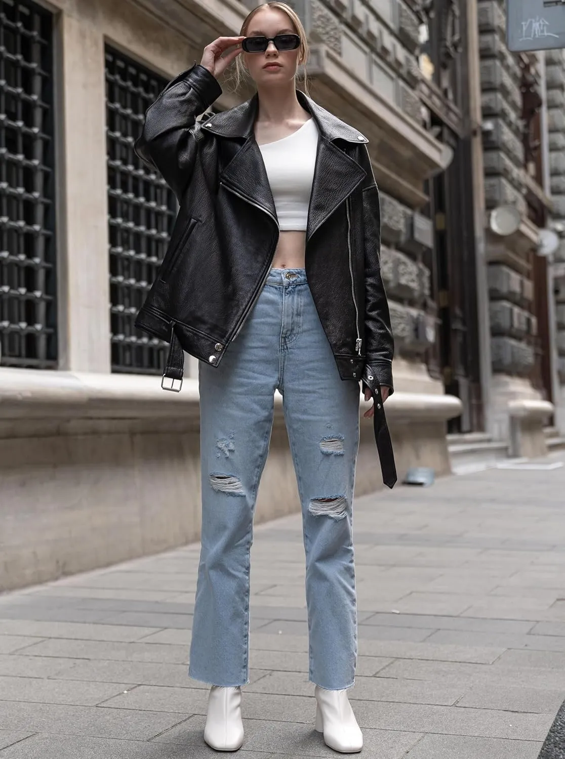 Oversized Leather Jacket Women - Real Lambskin Women's Leather Jacket Plus Size Long Leather Motorcycle Jacket