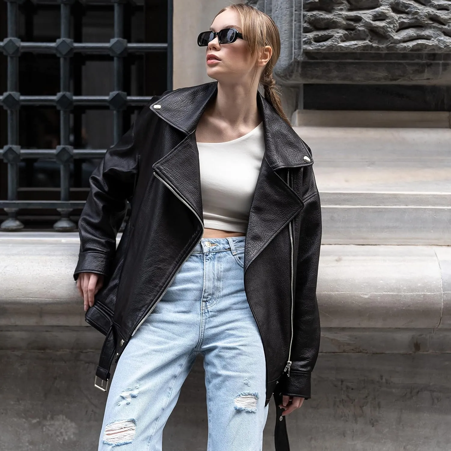 Oversized Leather Jacket Women - Real Lambskin Women's Leather Jacket Plus Size Long Leather Motorcycle Jacket