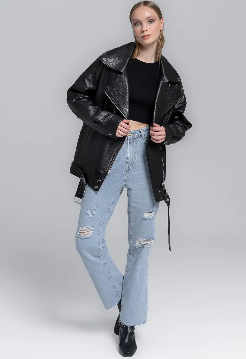Oversized Leather Jacket Women - Real Lambskin Women's Leather Jacket Plus Size Long Leather Motorcycle Jacket