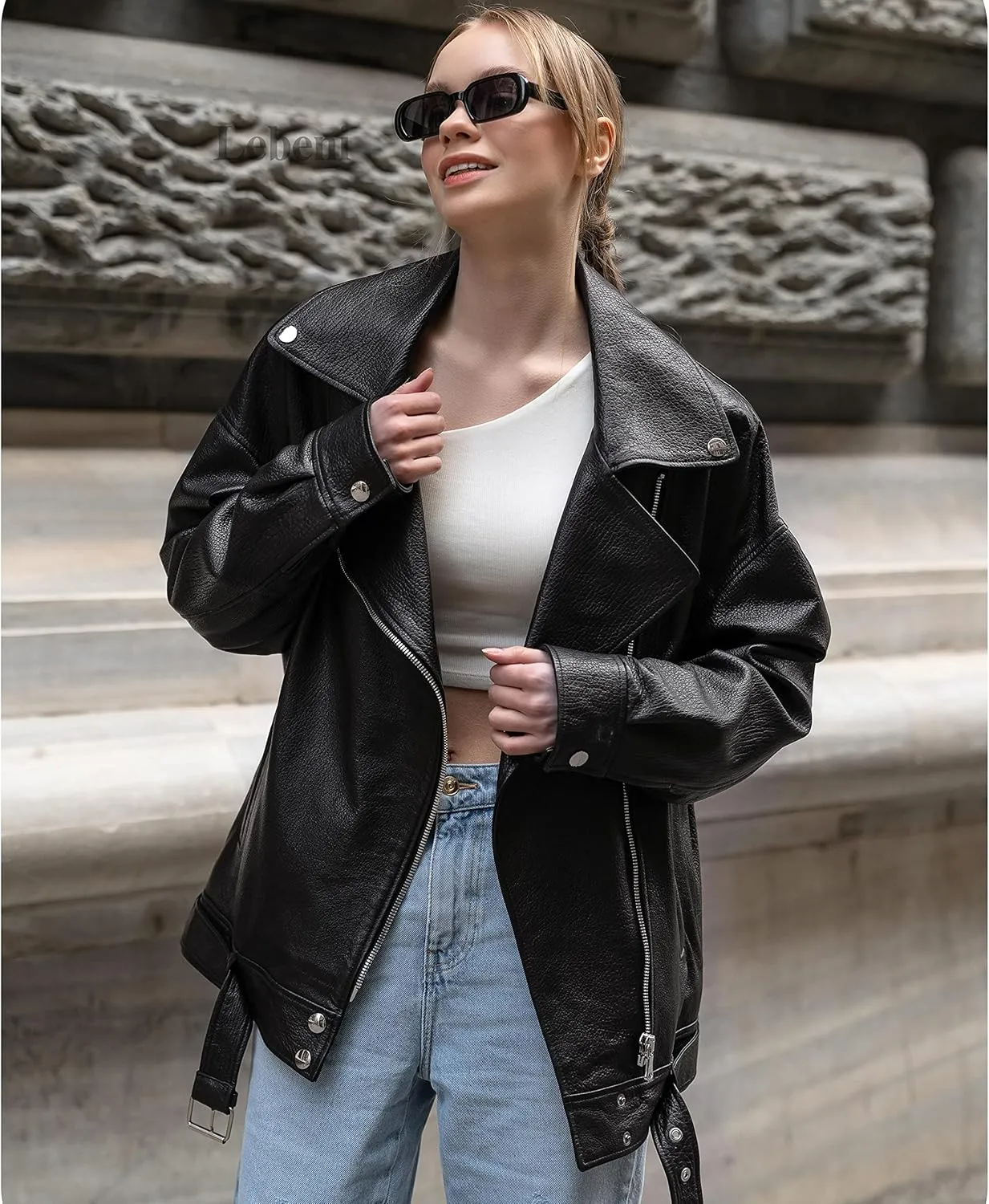 Oversized Leather Jacket Women - Real Lambskin Women's Leather Jacket Plus Size Long Leather Motorcycle Jacket