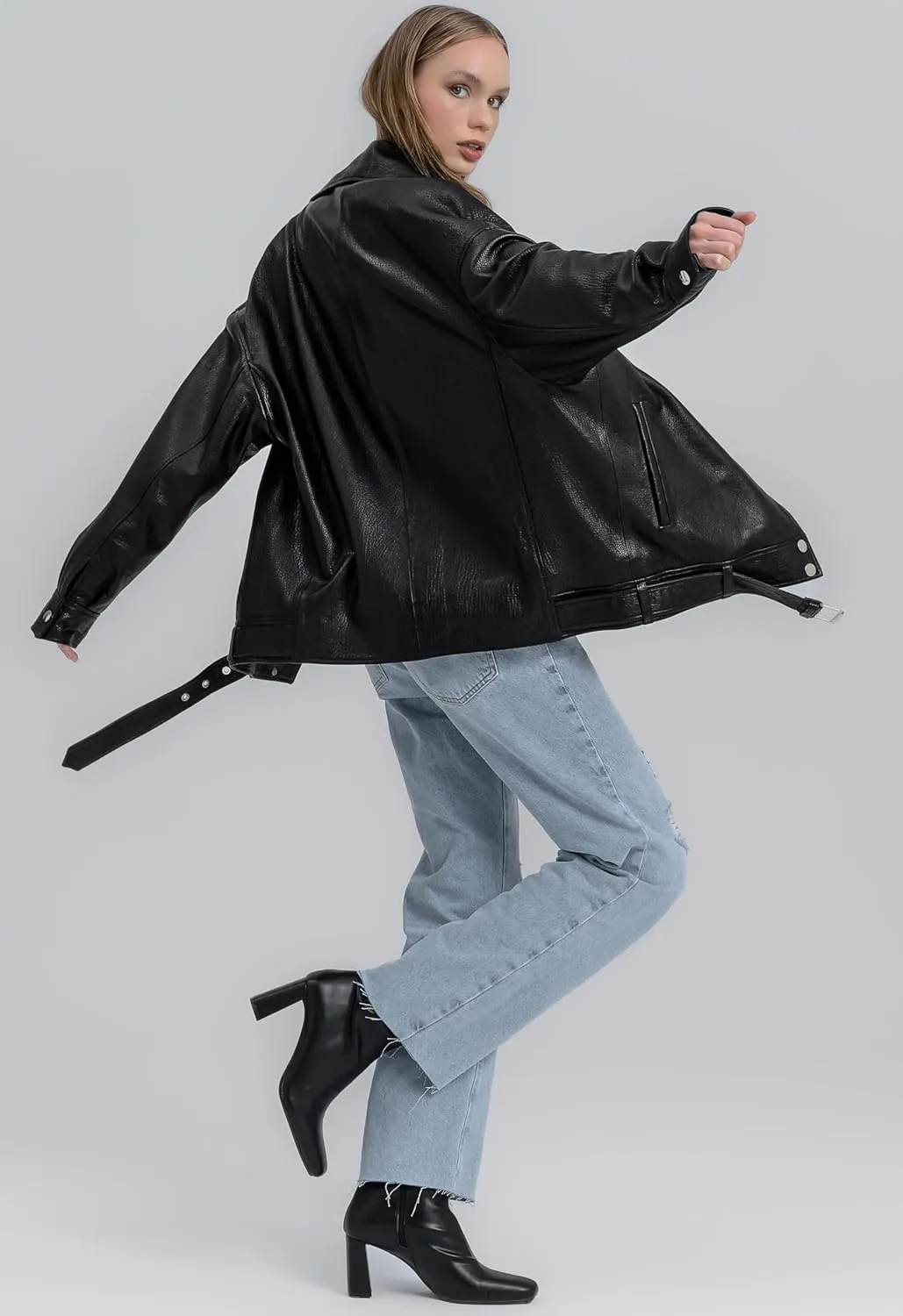 Oversized Leather Jacket Women - Real Lambskin Women's Leather Jacket Plus Size Long Leather Motorcycle Jacket