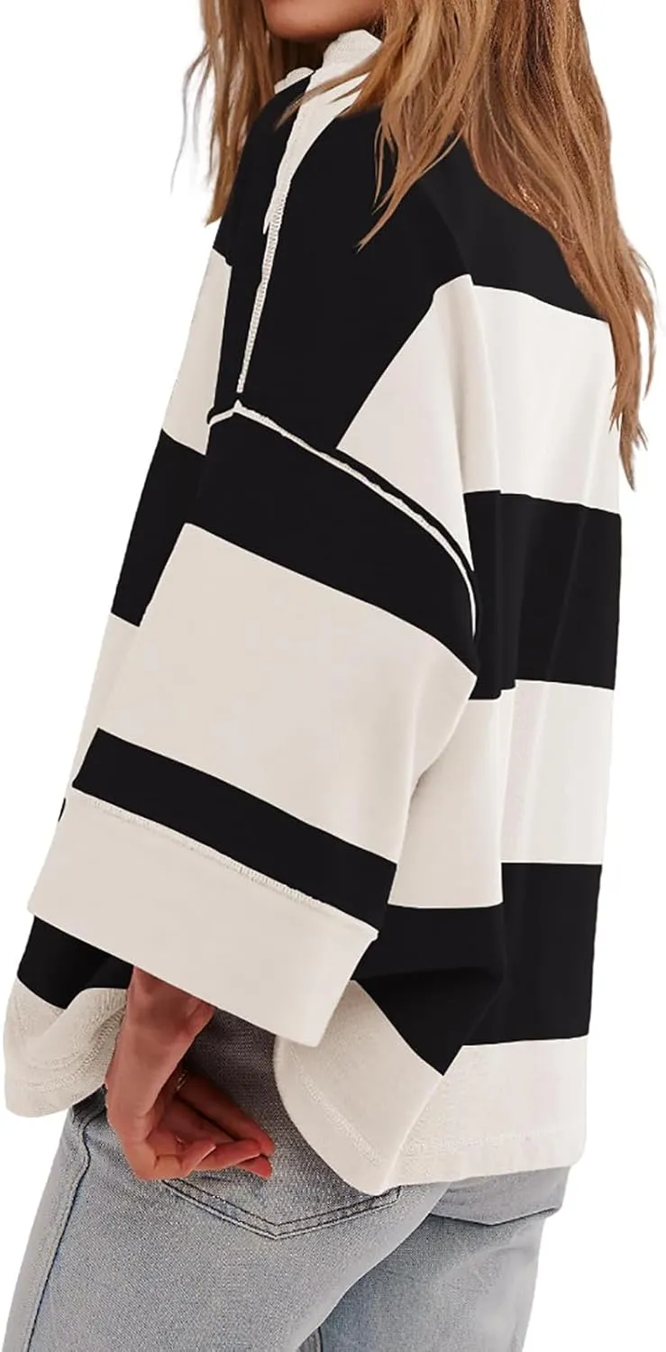 Oversized Striped Long Sleeve Sweatshirts For Women Half Zip Casual Loose Pullover Hoodies Fall Tops With Pockets