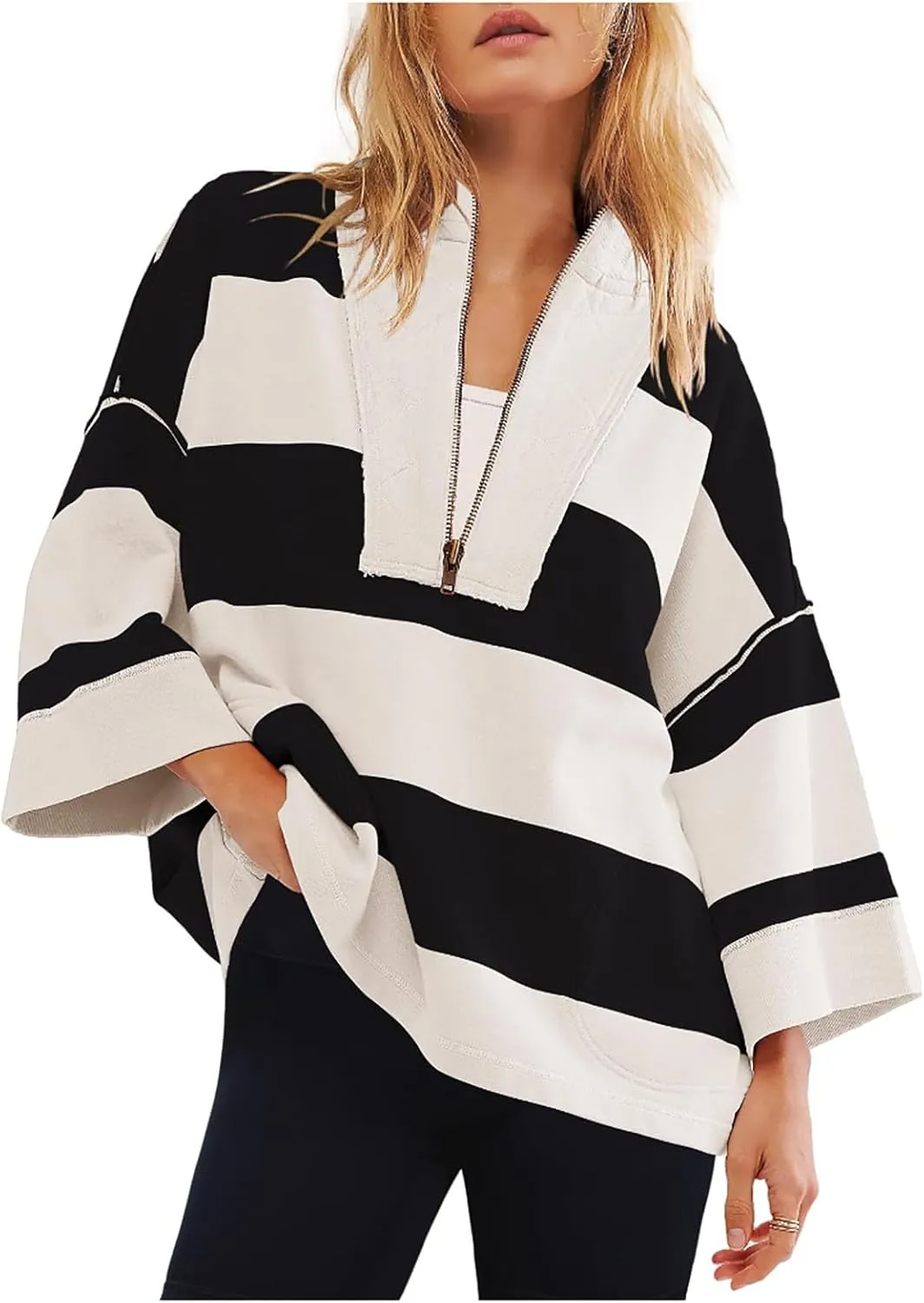 Oversized Striped Long Sleeve Sweatshirts For Women Half Zip Casual Loose Pullover Hoodies Fall Tops With Pockets