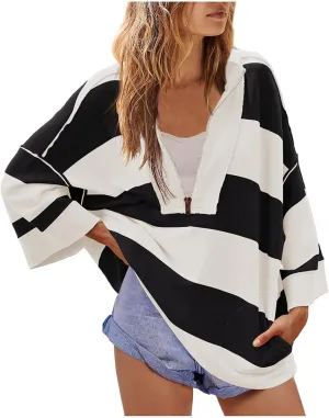Oversized Striped Long Sleeve Sweatshirts For Women Half Zip Casual Loose Pullover Hoodies Fall Tops With Pockets