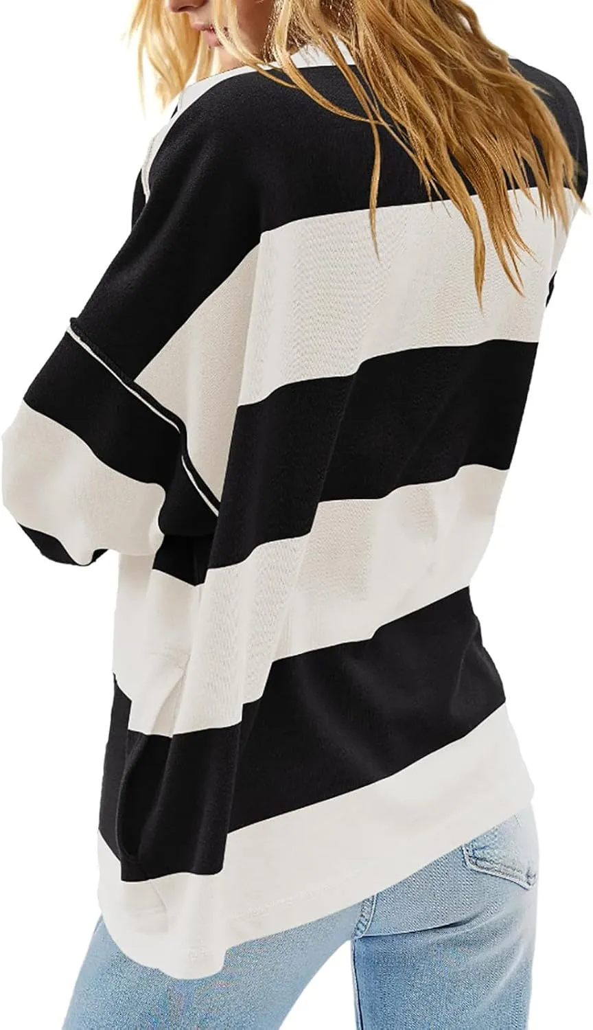Oversized Striped Long Sleeve Sweatshirts For Women Half Zip Casual Loose Pullover Hoodies Fall Tops With Pockets