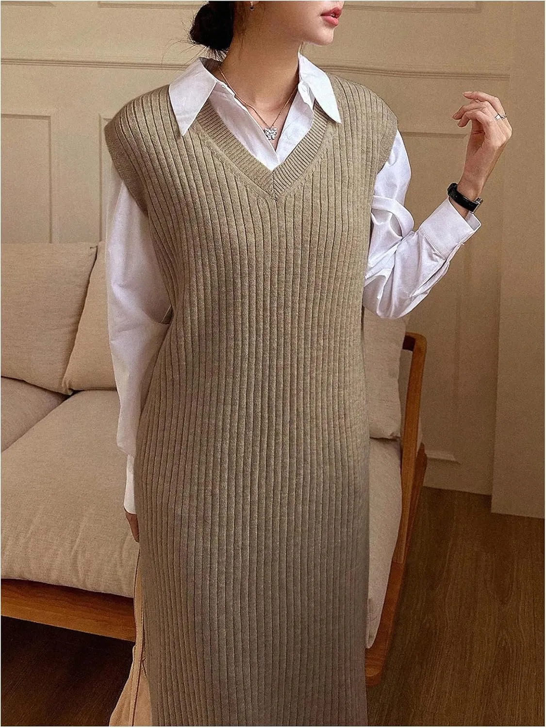 OYOANGLE Women's Split Hem Rib Knit Midi Sweater Dress V Neck Sleeveless Loose Fit Sweater Vest