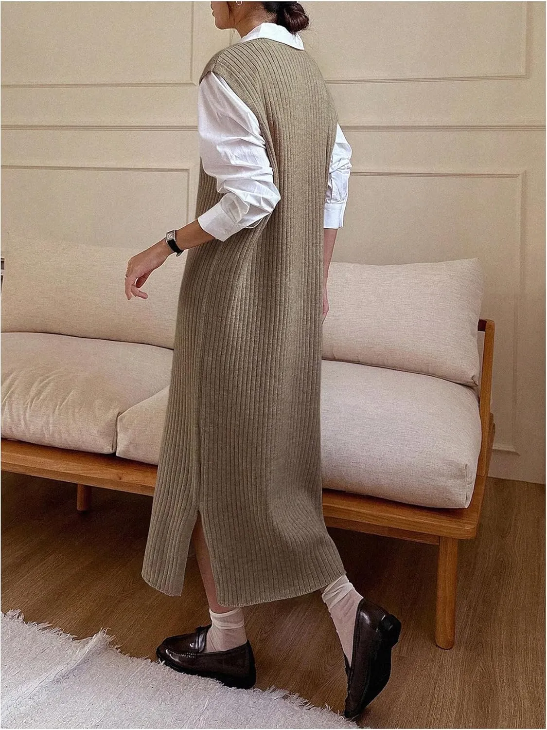 OYOANGLE Women's Split Hem Rib Knit Midi Sweater Dress V Neck Sleeveless Loose Fit Sweater Vest