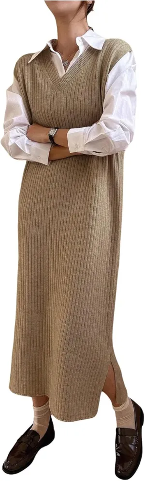 OYOANGLE Women's Split Hem Rib Knit Midi Sweater Dress V Neck Sleeveless Loose Fit Sweater Vest