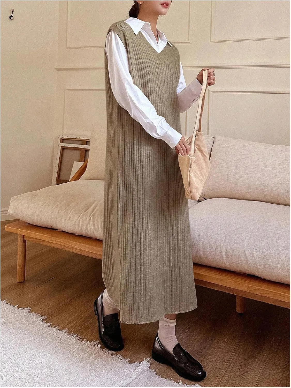 OYOANGLE Women's Split Hem Rib Knit Midi Sweater Dress V Neck Sleeveless Loose Fit Sweater Vest