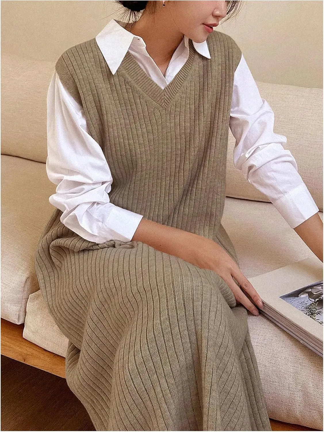 OYOANGLE Women's Split Hem Rib Knit Midi Sweater Dress V Neck Sleeveless Loose Fit Sweater Vest