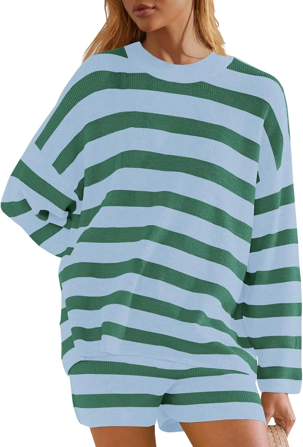 Panadila Womens Striped Sweater Set Oversized Lounge Sets Matching Pajamas Long Sleeve Sweater Top and Shorts