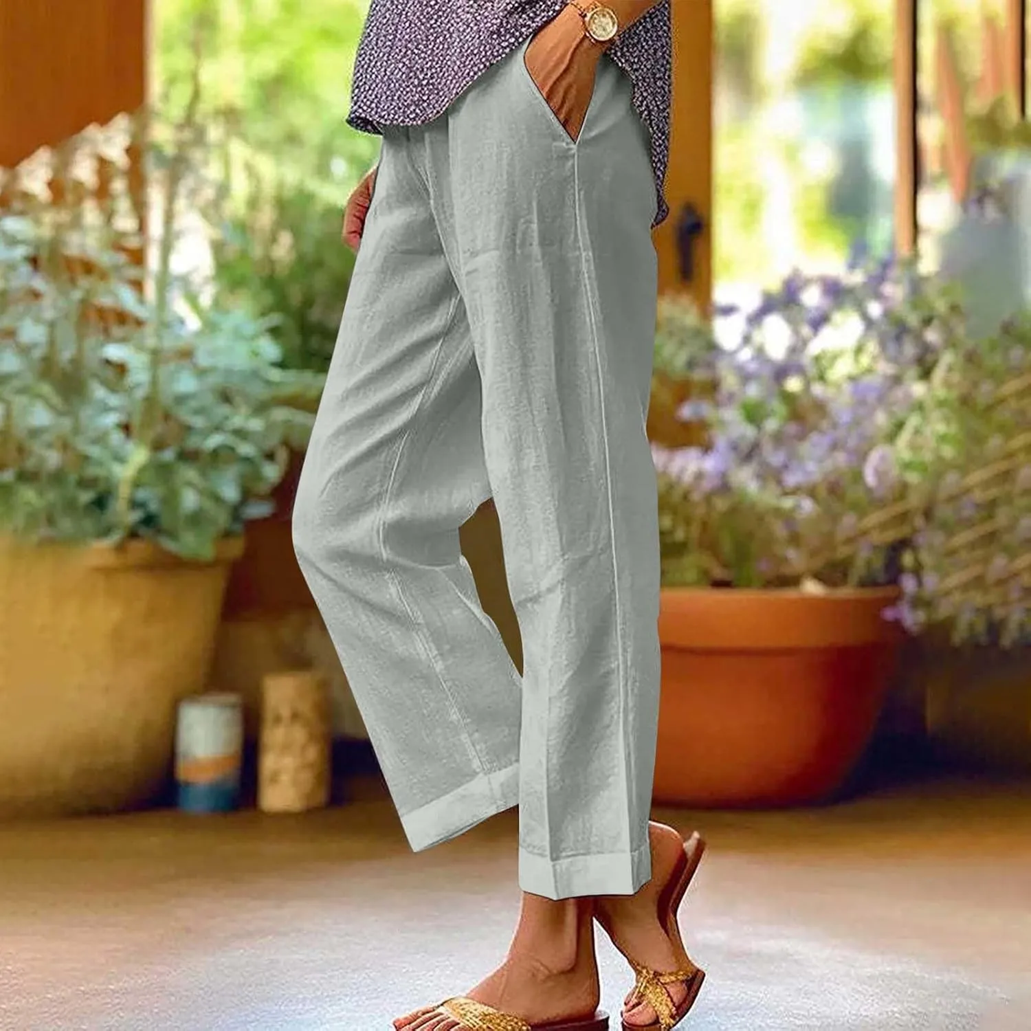 Pants for Women Linen Pants Elastic High Waist Pant Lightweight Straight Leg Pant Casual Summer Comfort Linen Trouser