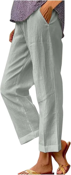 Pants for Women Linen Pants Elastic High Waist Pant Lightweight Straight Leg Pant Casual Summer Comfort Linen Trouser