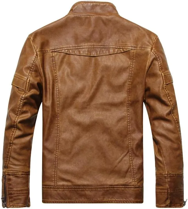 PASOK Men's Faux Leather Jacket Vintage Stand Collar Motorcycle PU Leather Outwear Coat