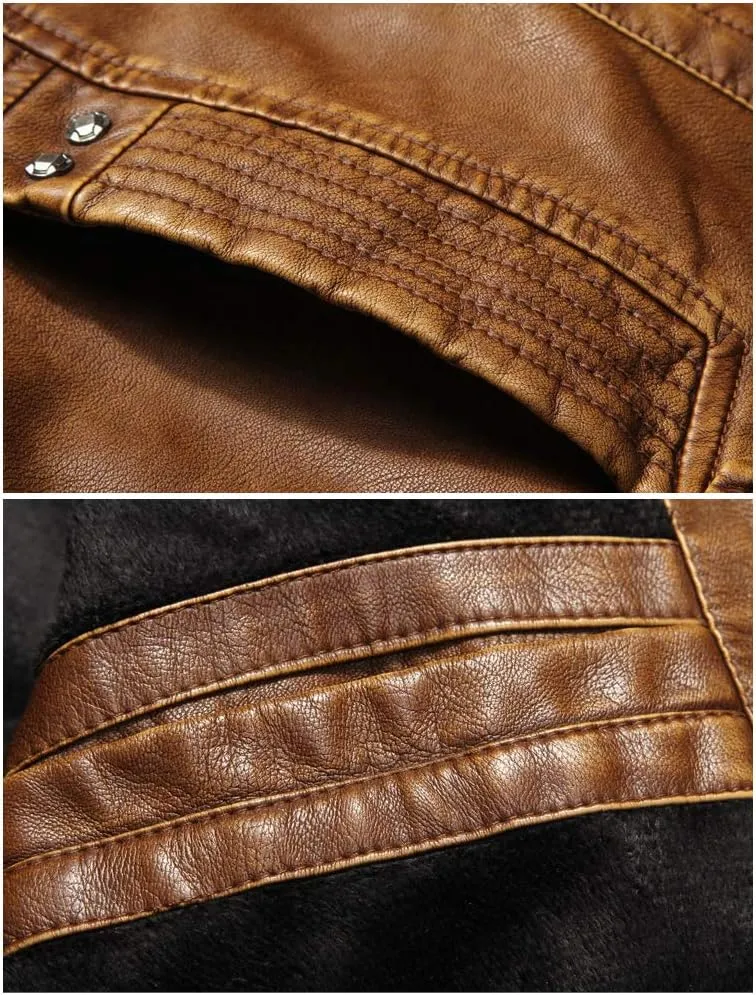 PASOK Men's Faux Leather Jacket Vintage Stand Collar Motorcycle PU Leather Outwear Coat