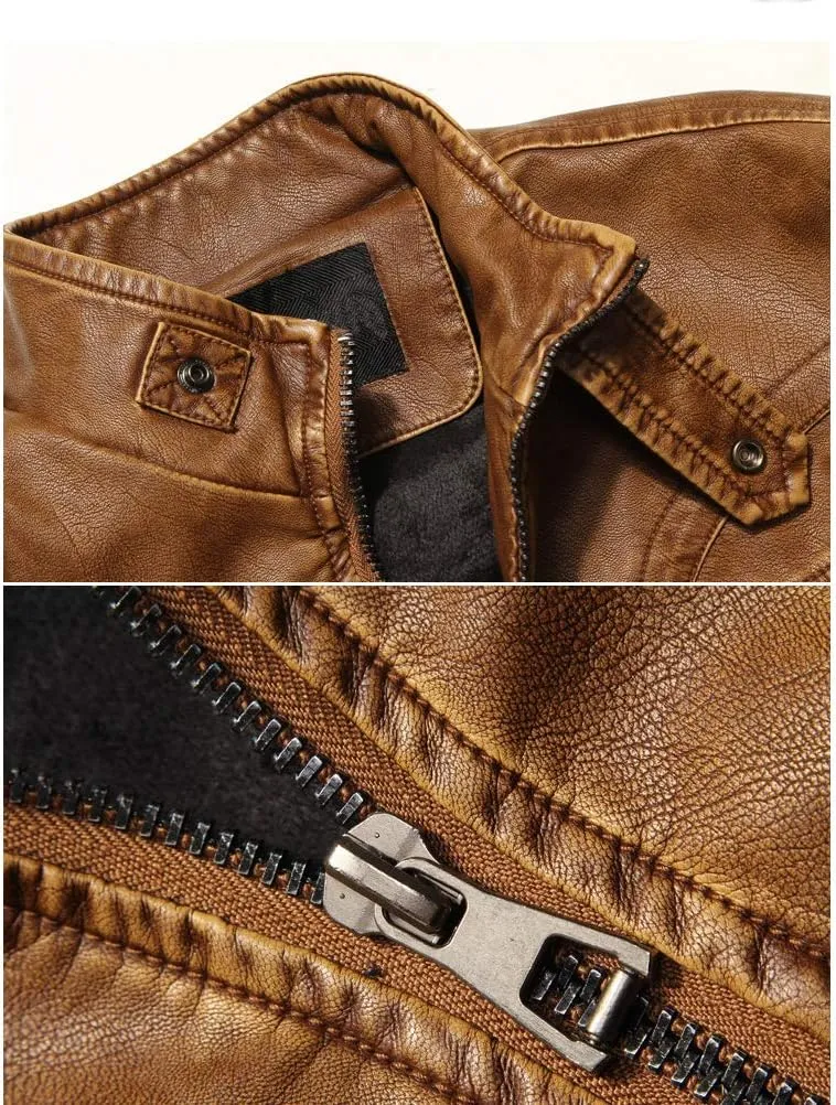 PASOK Men's Faux Leather Jacket Vintage Stand Collar Motorcycle PU Leather Outwear Coat