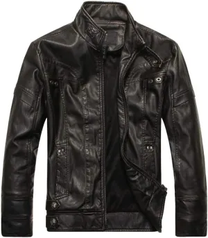 PASOK Men's Faux Leather Jacket Vintage Stand Collar Motorcycle PU Leather Outwear Coat