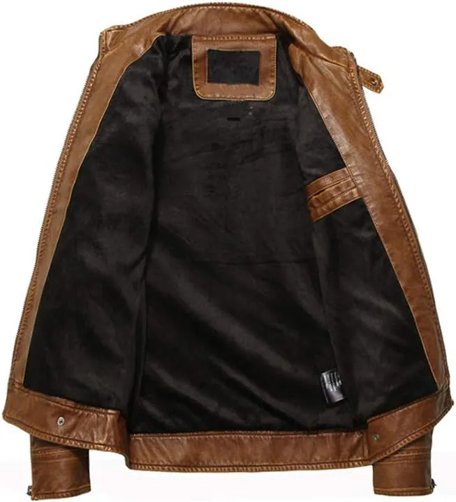 PASOK Men's Faux Leather Jacket Vintage Stand Collar Motorcycle PU Leather Outwear Coat
