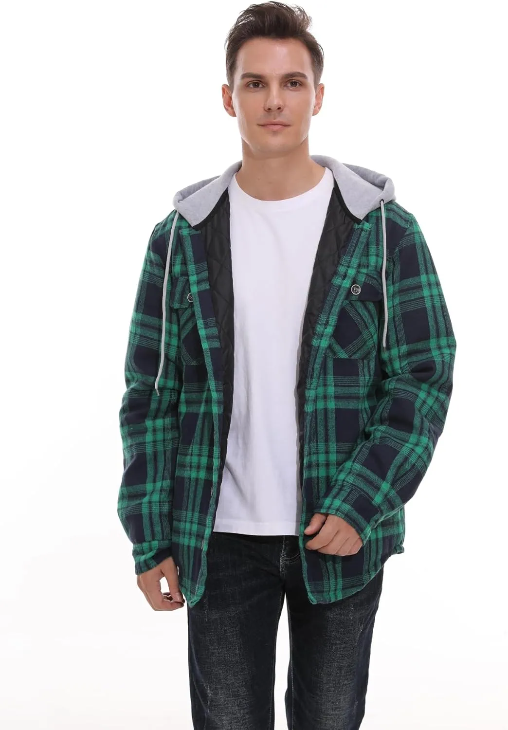 PEGENO Men's Long Sleeve Plaid Button Quilted Lined Flannel Shirt Jacket with Hood