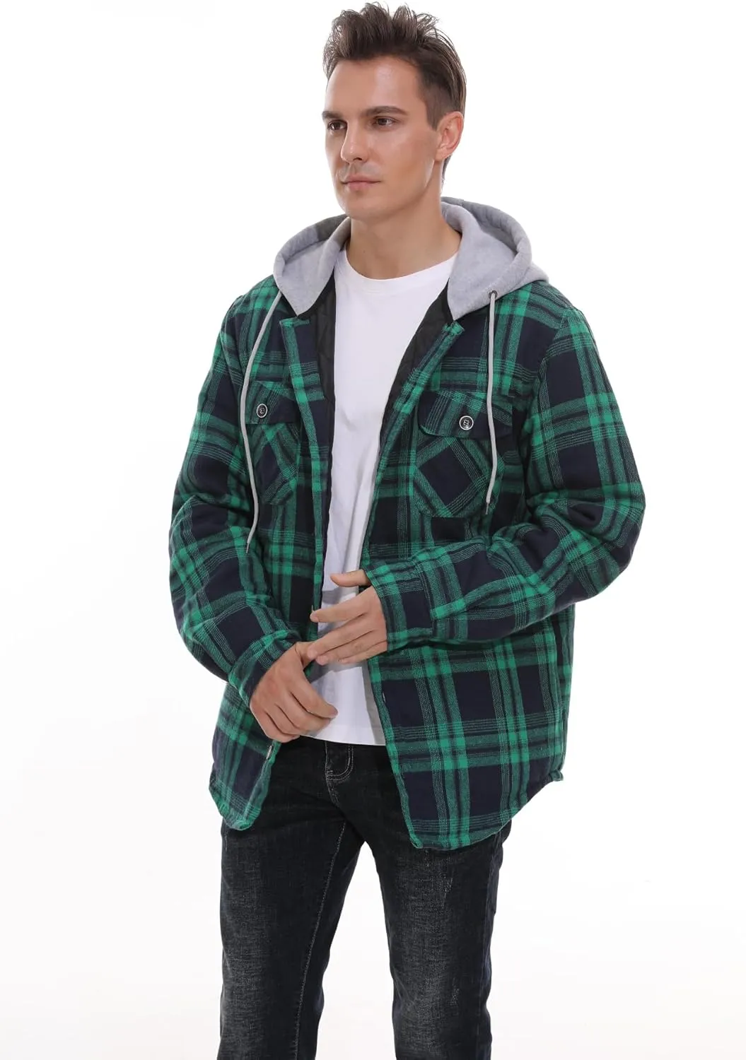 PEGENO Men's Long Sleeve Plaid Button Quilted Lined Flannel Shirt Jacket with Hood