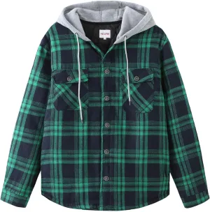 PEGENO Men's Long Sleeve Plaid Button Quilted Lined Flannel Shirt Jacket with Hood