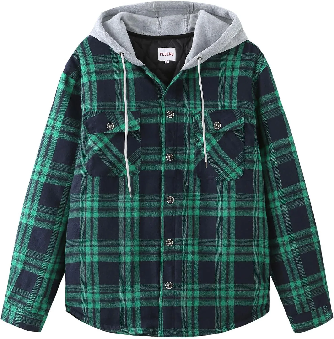 PEGENO Men's Long Sleeve Plaid Button Quilted Lined Flannel Shirt Jacket with Hood