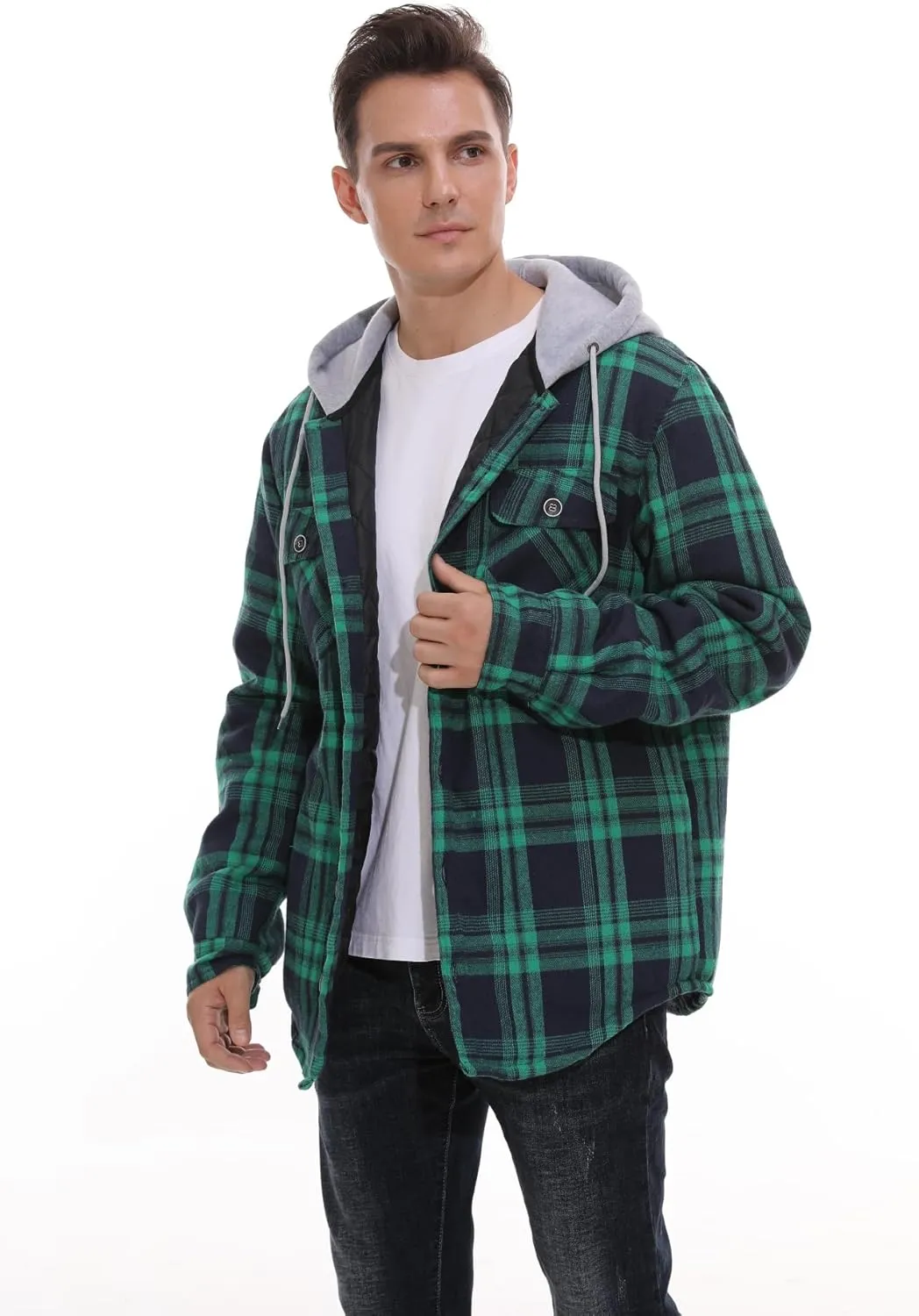 PEGENO Men's Long Sleeve Plaid Button Quilted Lined Flannel Shirt Jacket with Hood