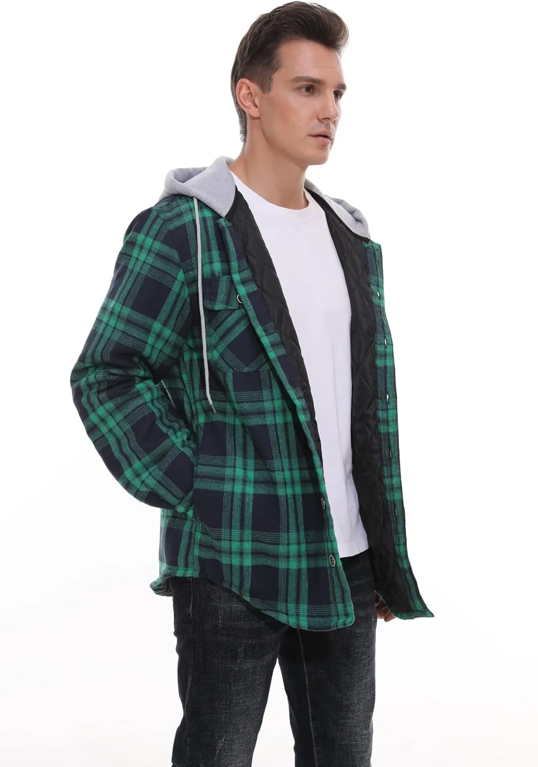 PEGENO Men's Long Sleeve Plaid Button Quilted Lined Flannel Shirt Jacket with Hood