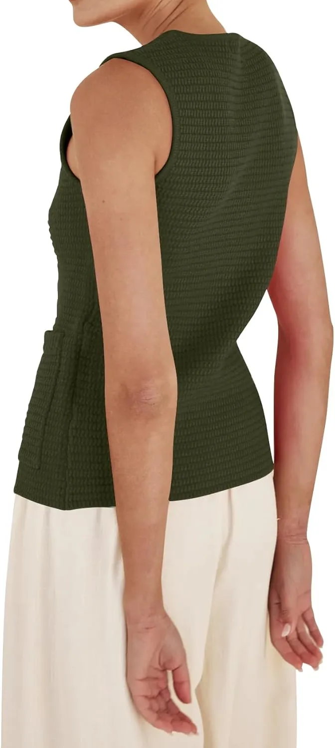 PEHMEA Women's Sweater Vest Sleeveless Button Down Spring Summer Tank Tops Trendy Cardigan Sweater Vests with Pockets