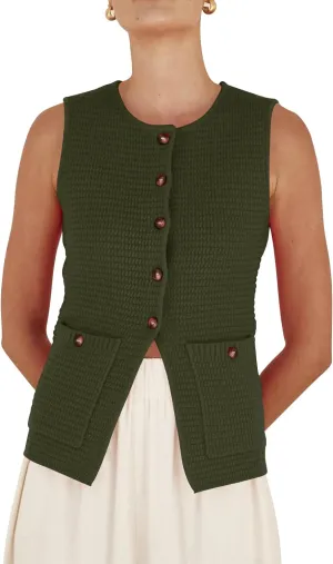 PEHMEA Women's Sweater Vest Sleeveless Button Down Spring Summer Tank Tops Trendy Cardigan Sweater Vests with Pockets