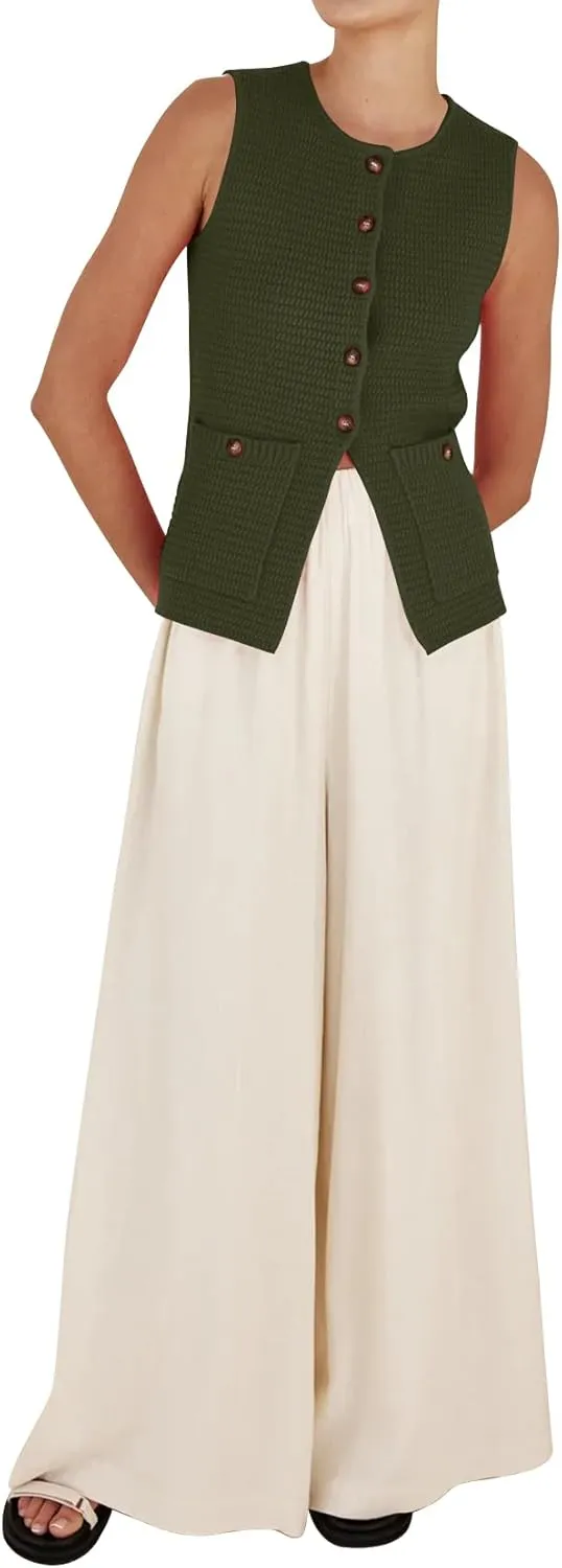 PEHMEA Women's Sweater Vest Sleeveless Button Down Spring Summer Tank Tops Trendy Cardigan Sweater Vests with Pockets
