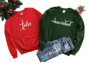 Personalized Handmade Feliz Navidad Sweatshirt, Couples Christmas Sweater, Spanish Merry Christmas Sweatshirt, Ugly Christmas Sweater, Couple Matching Sweatshirt, Oversized Hoodie