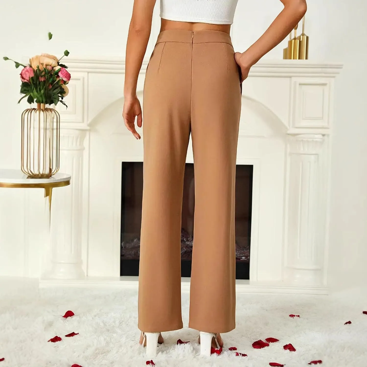 Petite Dress Pants for Women's Wide Leg Palazzo Pant Business Casual Elastic High Waisted Work Trousers with Pockets