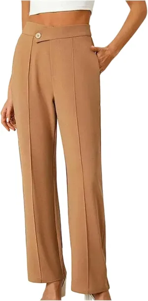 Petite Dress Pants for Women's Wide Leg Palazzo Pant Business Casual Elastic High Waisted Work Trousers with Pockets