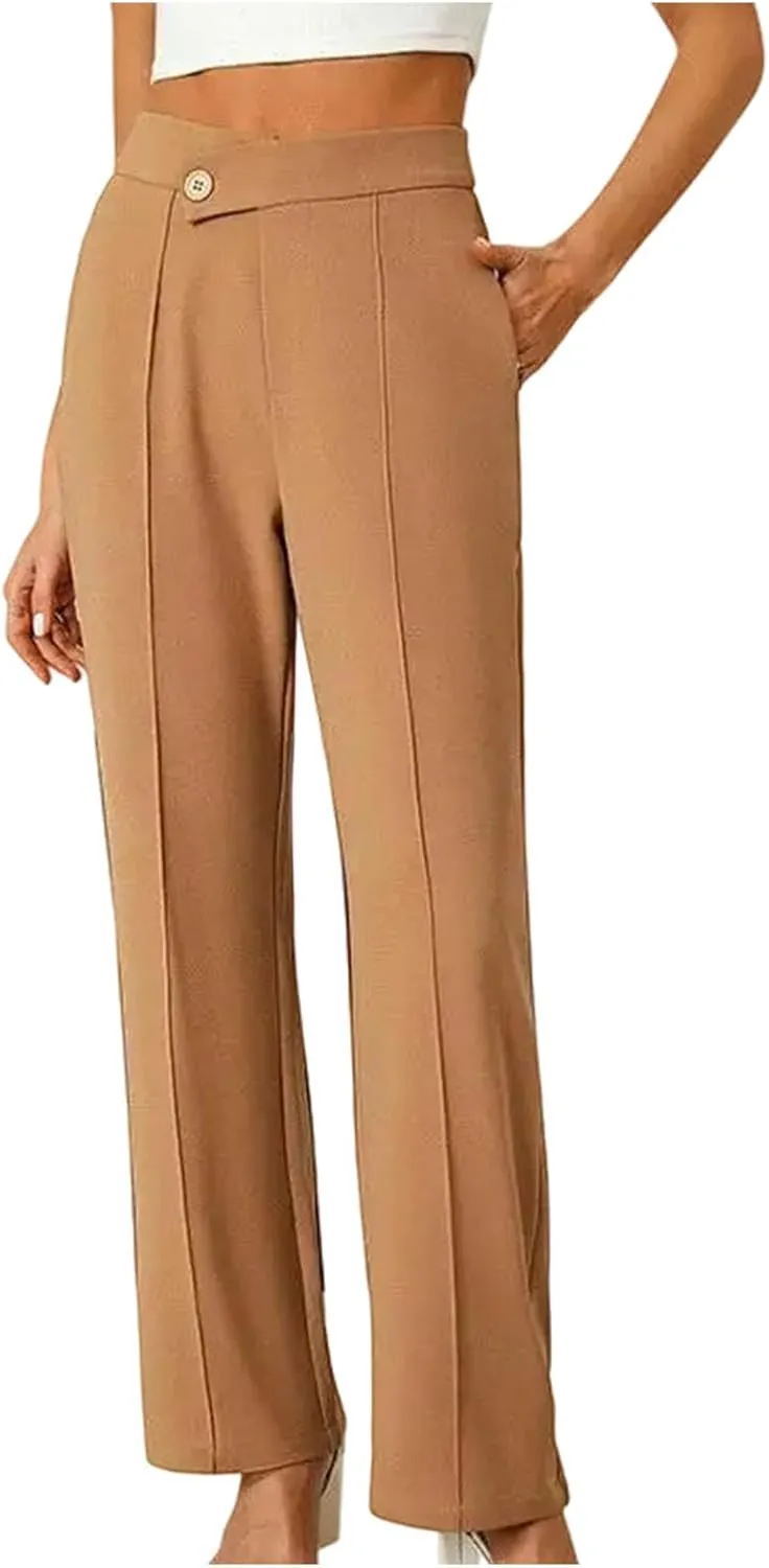 Petite Dress Pants for Women's Wide Leg Palazzo Pant Business Casual Elastic High Waisted Work Trousers with Pockets