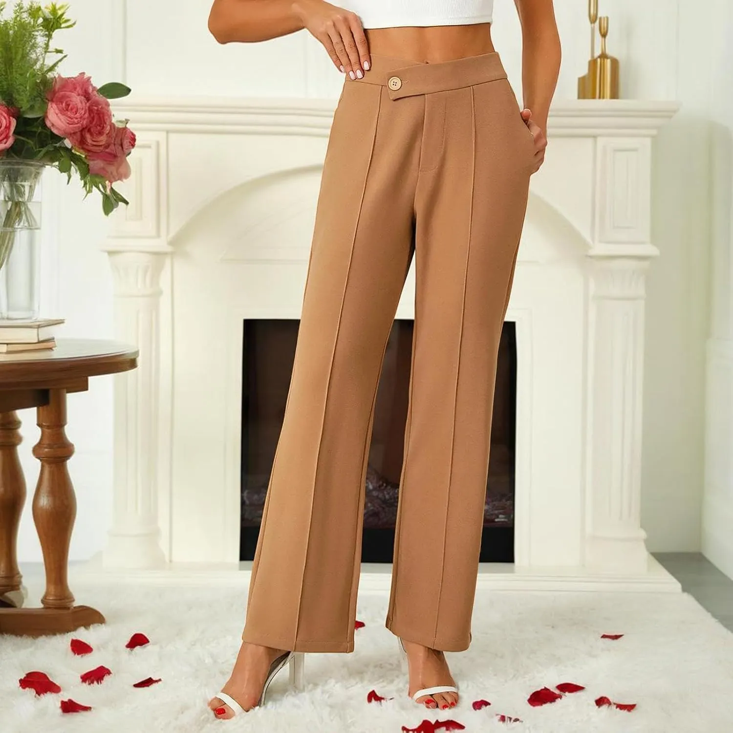 Petite Dress Pants for Women's Wide Leg Palazzo Pant Business Casual Elastic High Waisted Work Trousers with Pockets