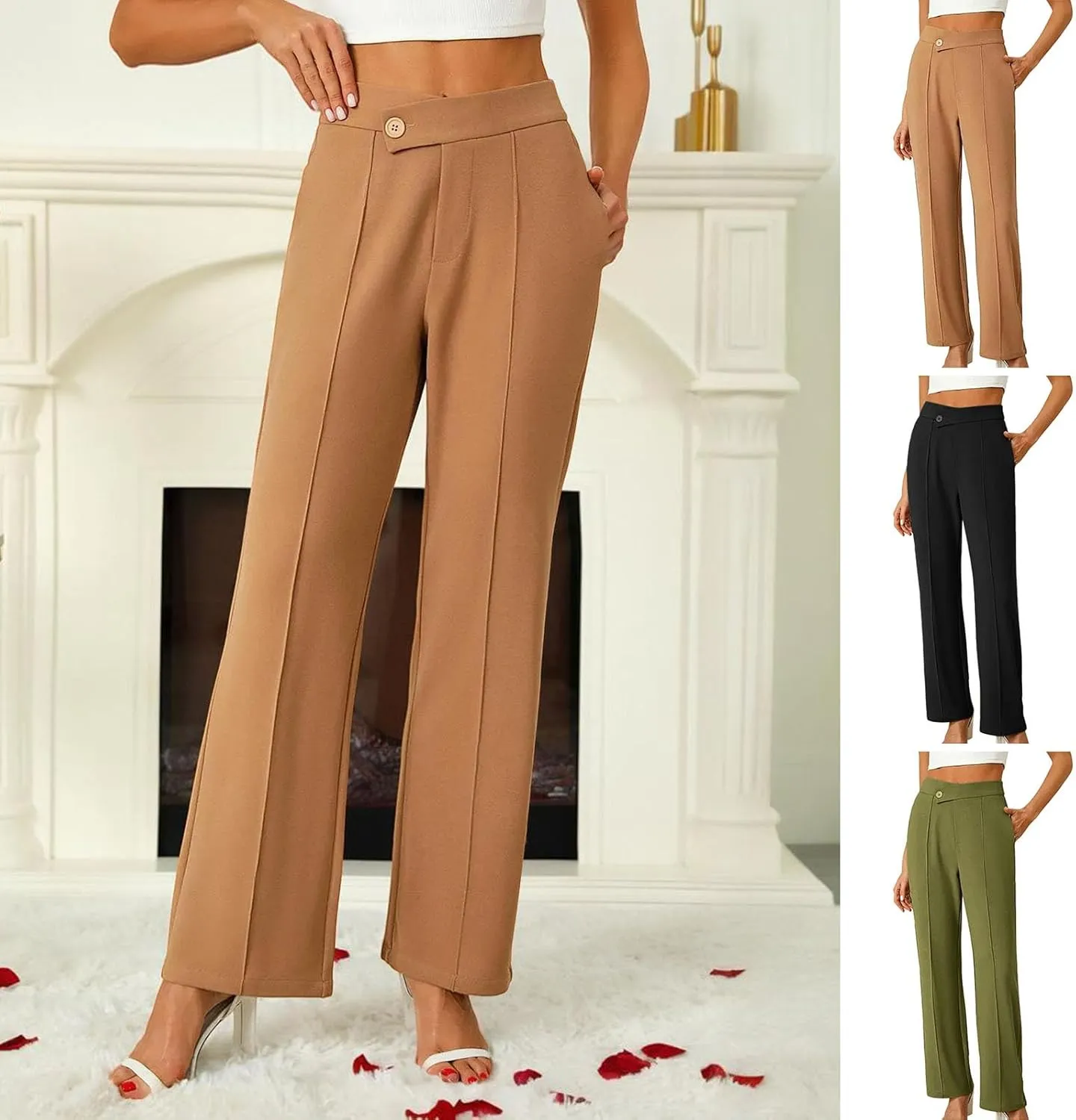 Petite Dress Pants for Women's Wide Leg Palazzo Pant Business Casual Elastic High Waisted Work Trousers with Pockets