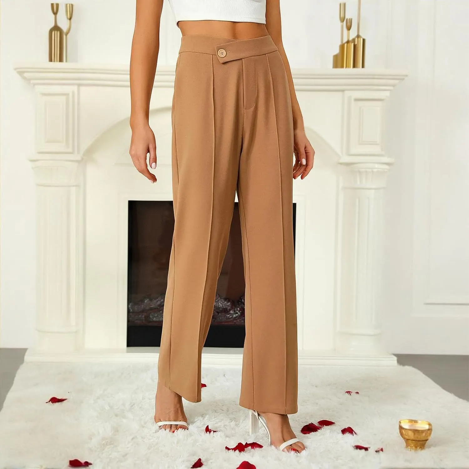 Petite Dress Pants for Women's Wide Leg Palazzo Pant Business Casual Elastic High Waisted Work Trousers with Pockets