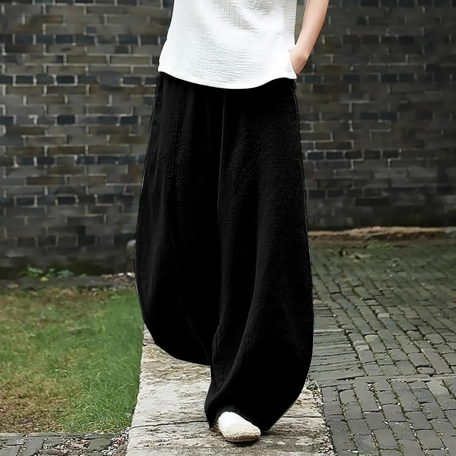 Petite Linen Pants for Women Summer Palazzo Wide Leg Linen Pant Loose Flowy Trousers