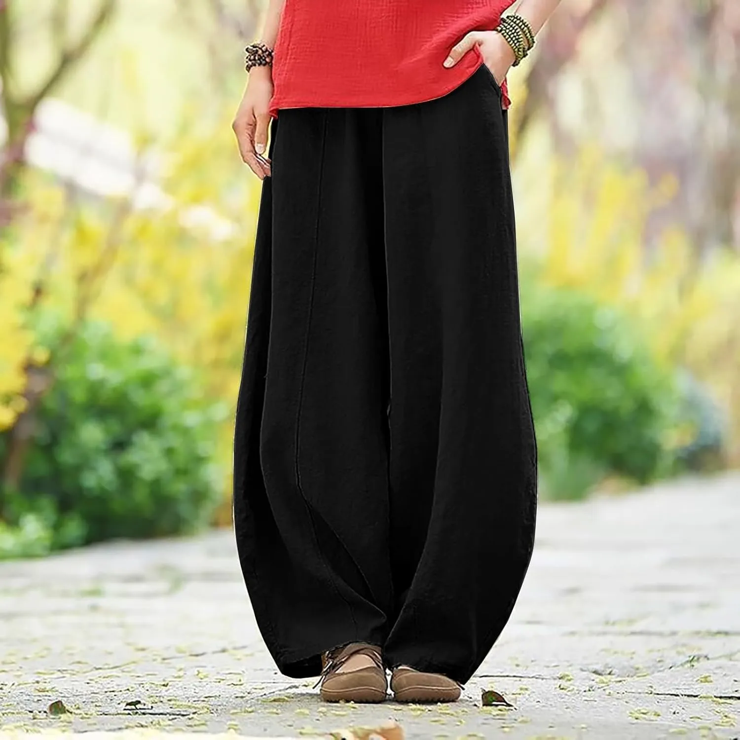 Petite Linen Pants for Women Summer Palazzo Wide Leg Linen Pant Loose Flowy Trousers
