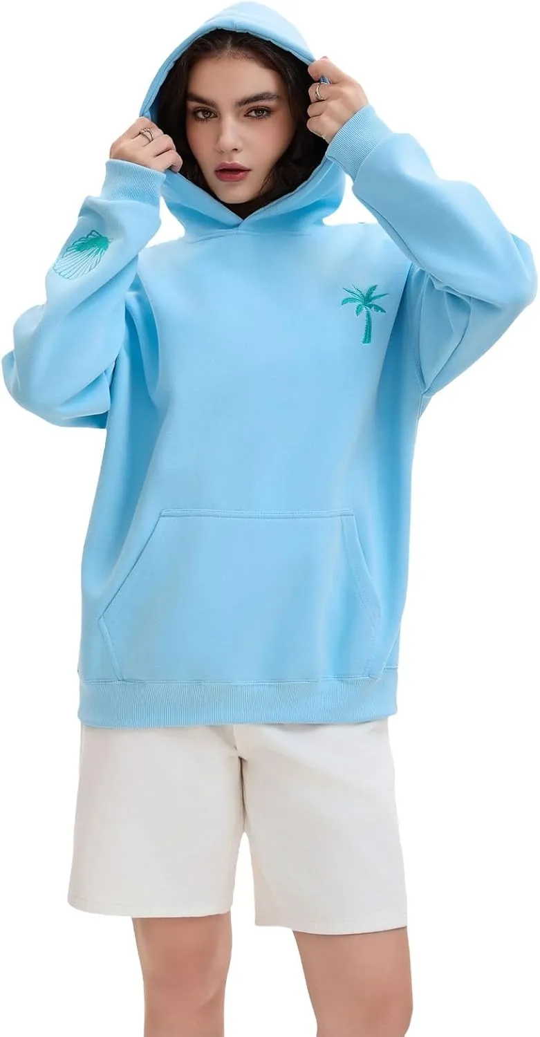 Pink Embroidered Palm Tree Hooded Sweatshirt Cute Girls Oversized Sweatshirt Hibiscus Flower Printed Cotton Top