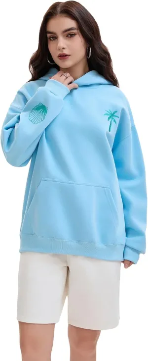 Pink Embroidered Palm Tree Hooded Sweatshirt Cute Girls Oversized Sweatshirt Hibiscus Flower Printed Cotton Top
