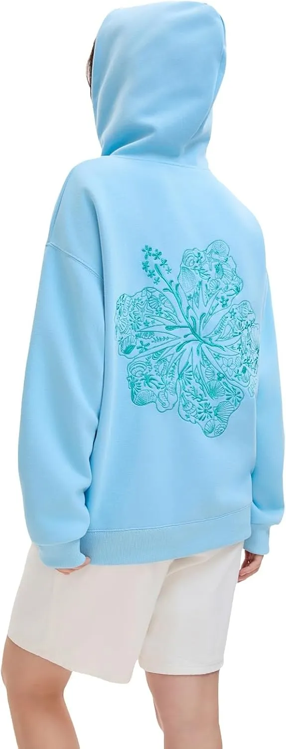 Pink Embroidered Palm Tree Hooded Sweatshirt Cute Girls Oversized Sweatshirt Hibiscus Flower Printed Cotton Top