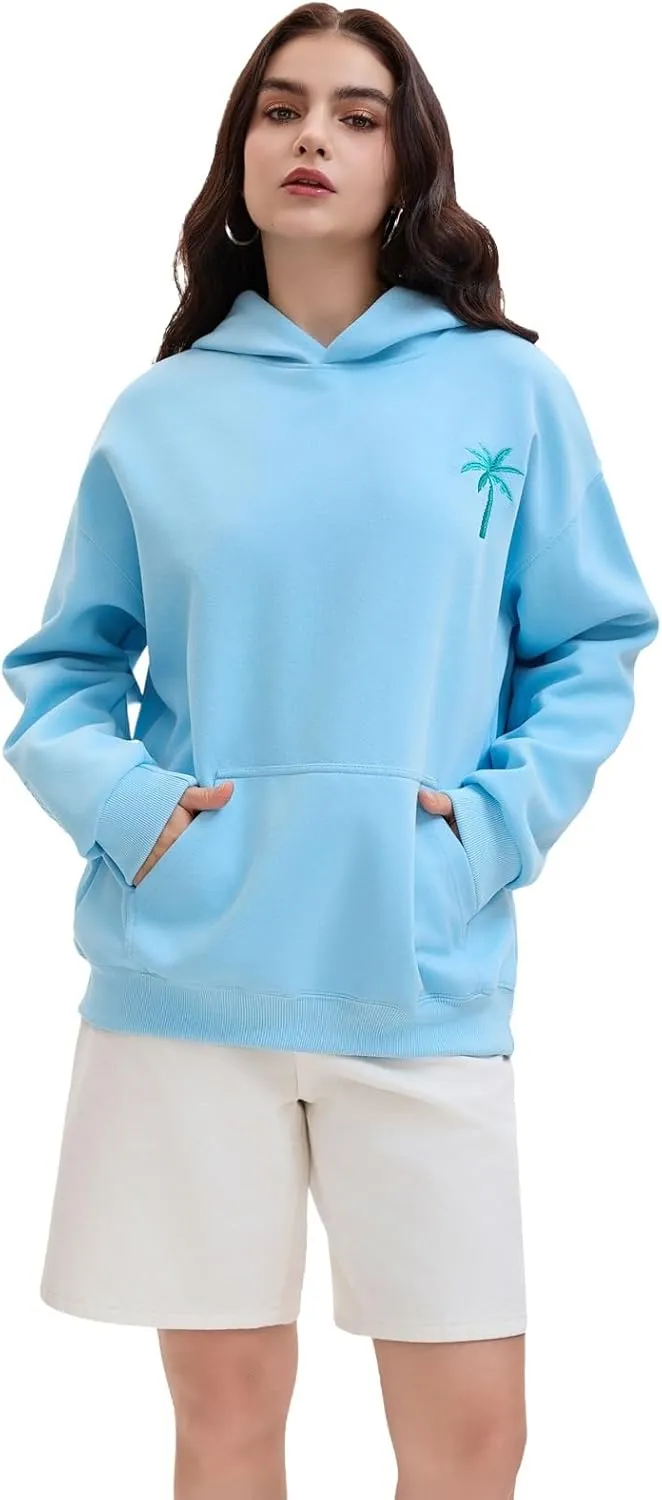 Pink Embroidered Palm Tree Hooded Sweatshirt Cute Girls Oversized Sweatshirt Hibiscus Flower Printed Cotton Top