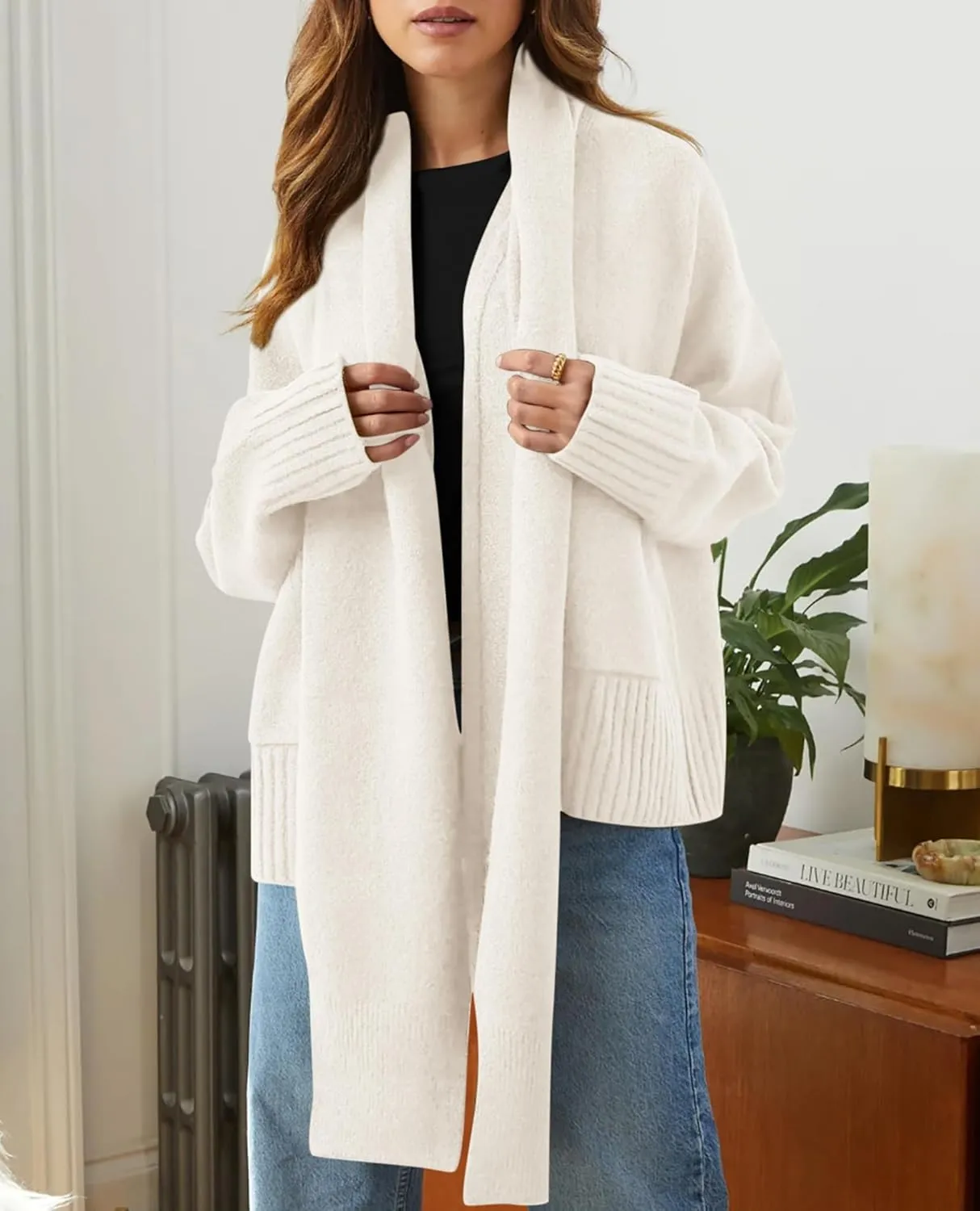 PRETTYGARDEN Women's 2024 Fall Fashion Knit Cardigan Sweaters Long Sleeve V Neck Open Front Winter Sweater Jacket with Scarf
