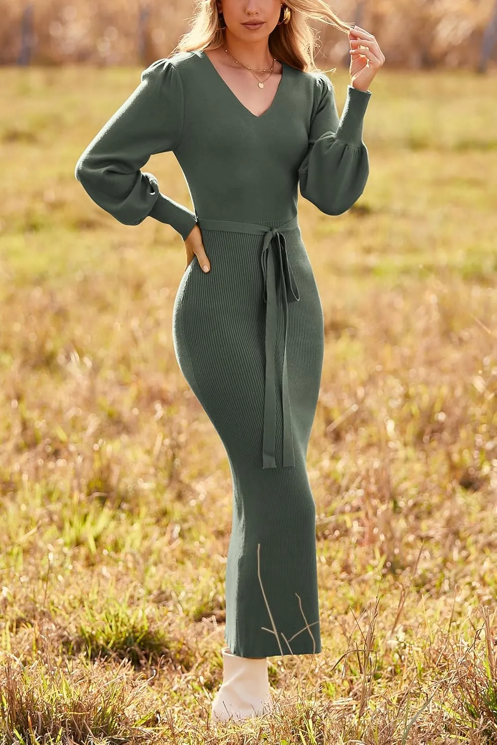 PRETTYGARDEN Women's Fall Knit Pullover Sweater Dress Elegant Long Lantern Sleeve V Neck Winter Maxi Bodycon Dresses
