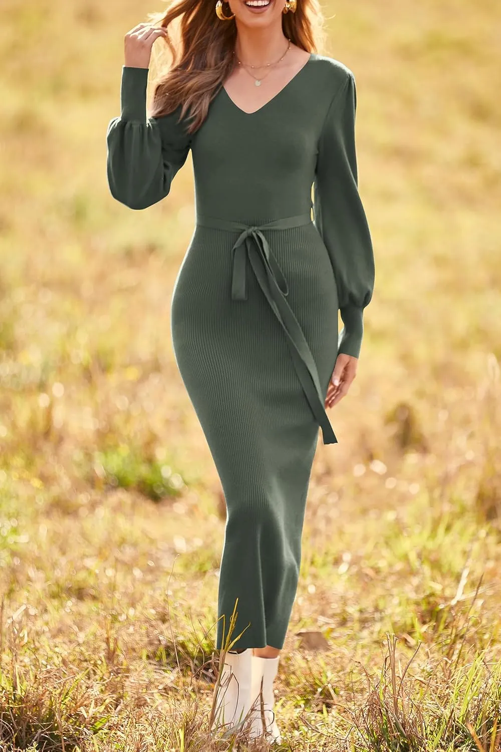 PRETTYGARDEN Women's Fall Knit Pullover Sweater Dress Elegant Long Lantern Sleeve V Neck Winter Maxi Bodycon Dresses