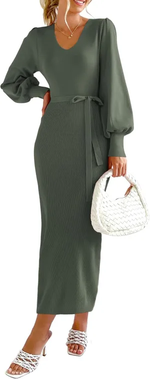 PRETTYGARDEN Women's Fall Knit Pullover Sweater Dress Elegant Long Lantern Sleeve V Neck Winter Maxi Bodycon Dresses